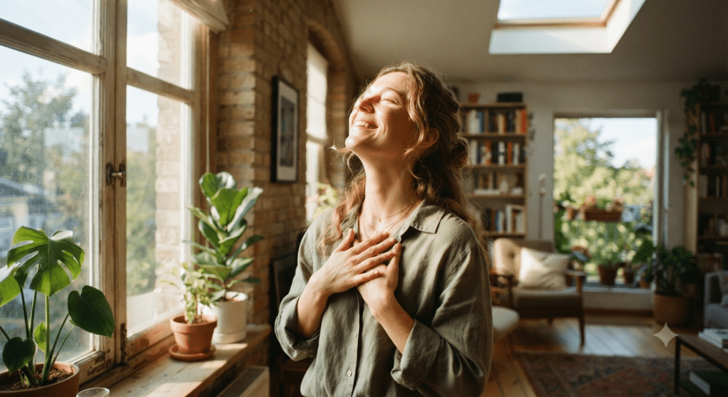 Young woman sighs in relief, looking towards heaven in a room filled with sunlight.